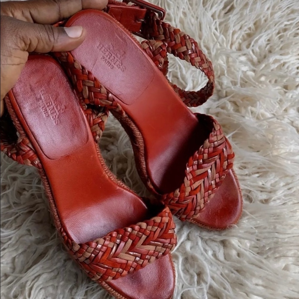 Hermes Brown Braided Patent Leather Sofia Espadrille Wedges Shoes